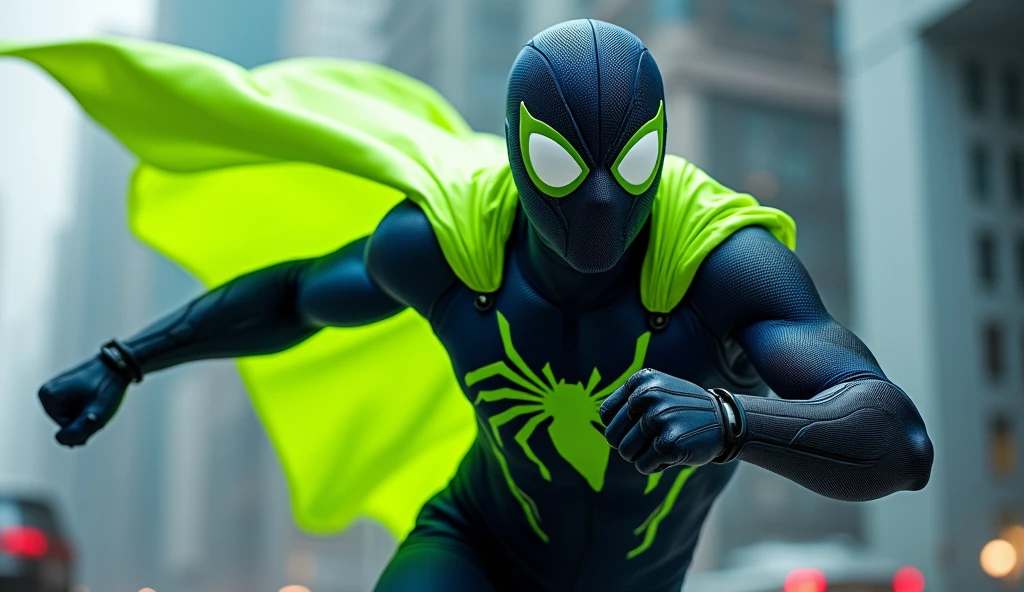 Create a superhero character called 'Techman', inspired by the style of Spider-Man. The character must wear a fitted outfit with predominant colors of dark blue and black., but with a vibrant color and highlighted as a central element. Add a lime green chroma-style cape or accessory, that stands out visually. The outfit must be modern and technological, with subtle details such as circuits and technological symbols, but without the spider symbol on the chest. The Techman must have a dynamic and agile posture, with a confident and friendly expression. The background can be a futuristic urban setting, but the highlight should be on the lime green cape or accessory to ensure that it stands out in thumbnails and is easily recognized as the superhero that helps choose the best options.
Create an image of Techman in an attack pose, as if he were throwing a powerful punch. The attire should be the same with dark blue and black, and the lime green cover or accessory should be visible. The background should show a futuristic urban setting, and the Techman must be in a dynamic and aggressive posture, with a given expression.