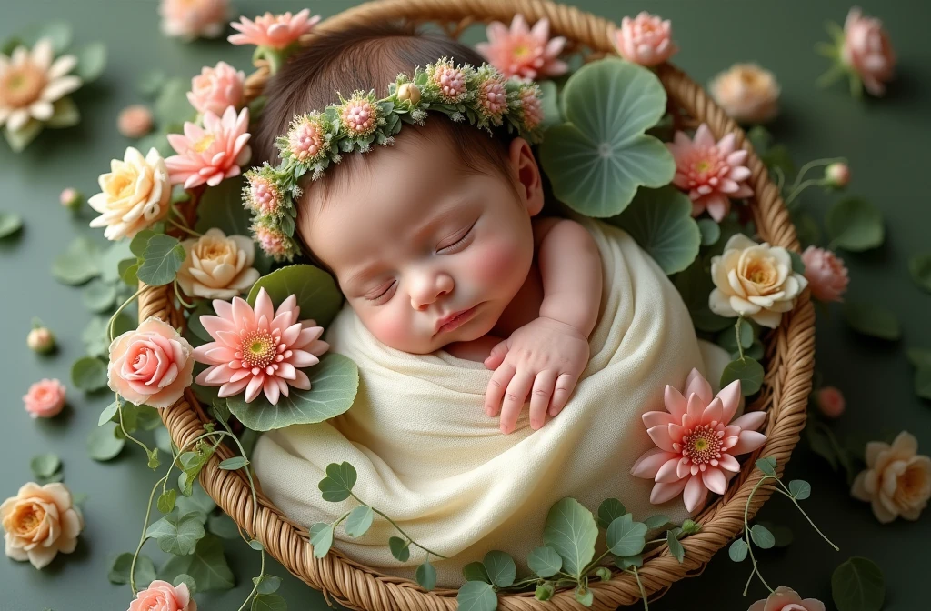 there is a baby sleeping in a basket with flowers and greenery, a digital rendering inspired by Anne Geddes, shutterstock contest winner, art photography, wrapped in flowers, maternal photography 4 k, award winning studio photo, lotus floral crown girl, dreamy and detailed, photo of a beautiful, wrapped in cables and flowers, wrapped in flowers and wired, olivia, water riflaction in ground .