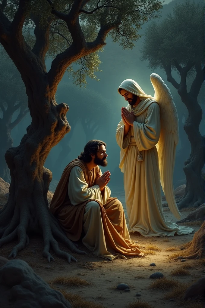 in a dark olive orchard Jesus prays and an angel guy leans over him and gives him strength