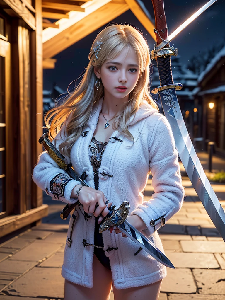 (((masterpiece, best quality))),(((high quality))),(((high resolution illustration))),(((hyper detail))),NSFW,(((Wordsworth's Sharon))),(((Very beautiful long blonde hair))),(((Very beautiful face))), ((((Detailed face)))),(((very beautiful blue eyes))),(((Realistic Skin))),(((her face is flushed))),(((slim body))),(((slim thighs))),(((small breasts))),(((very beautiful slender legs))),(((white camisole with extremely detailed and intricate decoration))),,(((light blue side-tie panties with extremely detailed and intricate decoration))),(((boots with extremely detailed and intricate decoration))),(((brown duffel coat with very detailed and intricate decoration:1.5))),(((beautiful earrings))),(((silver beautiful hair ornaments:1.5))),(((in the pitch black old warehouse:1.2))),(((late at night:1.7))),(((wet her skin))),(((Sharon is crying with tears streaming down her face:1.3))),(((torn clothes:1.0))),(((standing))),(((Sharon is holding a beautiful sword in her right hand:1.5)))
