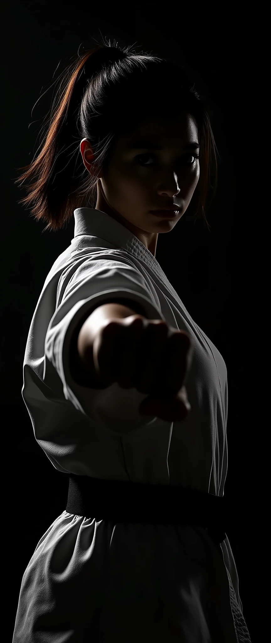 (masterpiece:1.2,Exceptional Quality,mirror-like,Cinematic Experience,Photorealistic,Photorealistic,RAW Photos),8k,wallpaper,(Cool woman:2.0),(Japanese;2.0),(Black silhouette of a female karateka:2.0),(dynamic:2.0),(Karate pose:2.0),(Straight punch:2.0),(Black background:2.0),(Beautiful Face,Beautiful Hair,Beautiful female hands,Detailed face),(Detailed Hand 2.0),(White karate uniform,Black belt),(dynamic:2.0),(Upper body close-up:2.0),(front:2.0),(Serious:2.0),(Look this way:2.0),(ponytail),(Hair blowing in the wind)