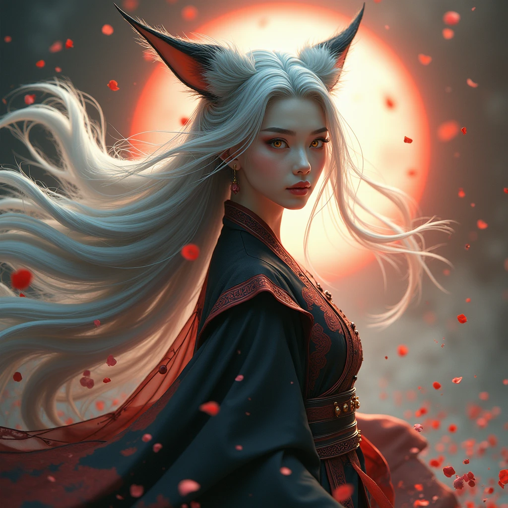 (Divine Beast), Nine-Tailed Fox, Dynamic Body Type, (Chinese Monster), good looking, splashed Ink, Chinese, One girl, ((whole body), ((2.5D)), Floating Hair, Beautiful Eyes, Delicate eyes, Delicate Silhouette, Fantasy art, (Antique black and red brocade hanfu), Fob, (masterpiece), Front shot, profile, White Background, (Movie Posters), sharp, splash, cloud, petal, nullの, null, (Wide-angle lens), Overlooking、Portraiture, Long Hair, Gray Hair, Golden Eyes, One girl, head, face, Magical girl, absurdes, masterpiece, Highest quality, Magical girl costume, ((Magical girl)), short hair, Devastation, Remains, Dynamic pose, Apocalypse, Spell casting, Style-Glass, Full Body Shot、masterpiece, Highest quality, One girl, Giant Tall horns, loungewear, Long Red hair, Red Eyes, Long hair, : Sunburn, tw0-tone background, fantasy of terror