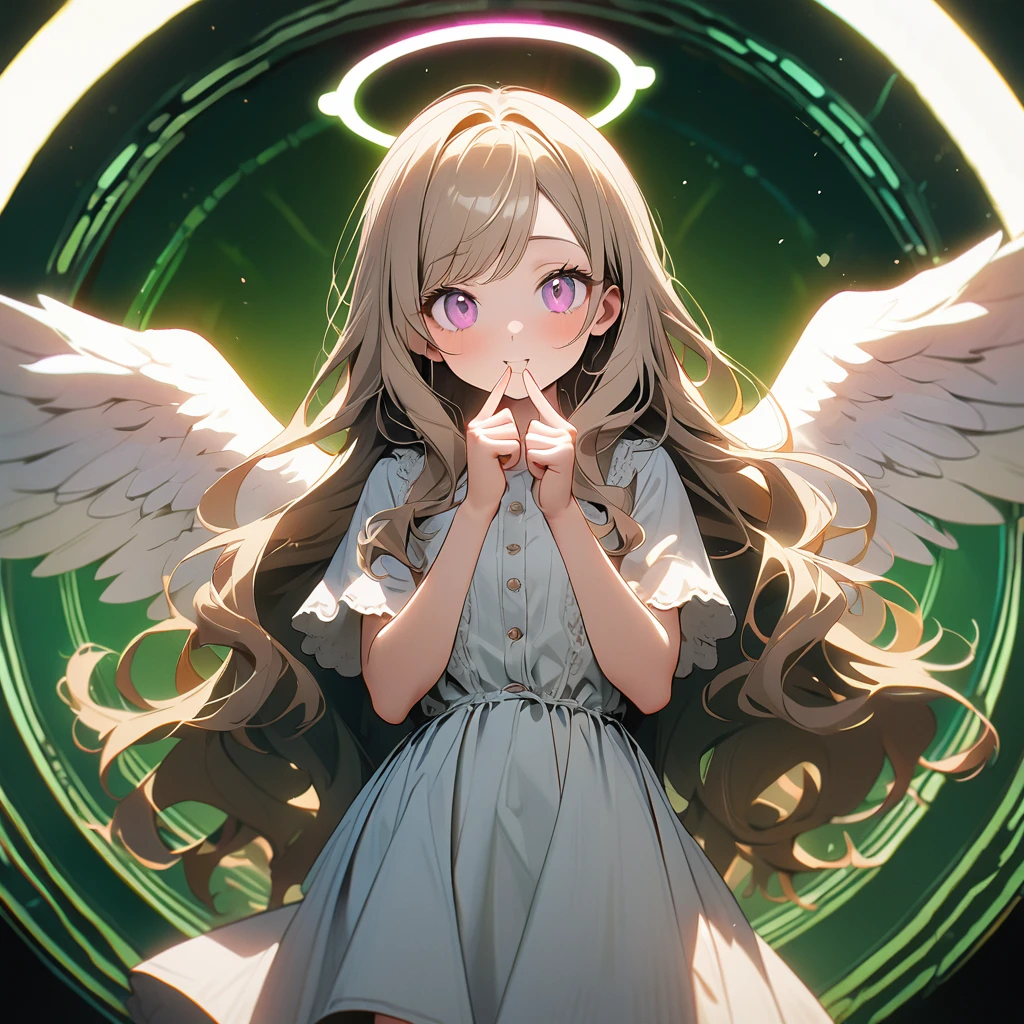 (8K, best quality, master piece: 1.2),ultra-high resolution,1 girl,solo,16yo,(finger heart),ultra-detailed face,gradient eyes,pink eyes,lash extension,Long hair,khaki hair,wavy hair,halo,swept bangs,white peasant dress with angel wings on back,looking at viewer,Cowboy shot,happy,rim light,The arched green tunnel
