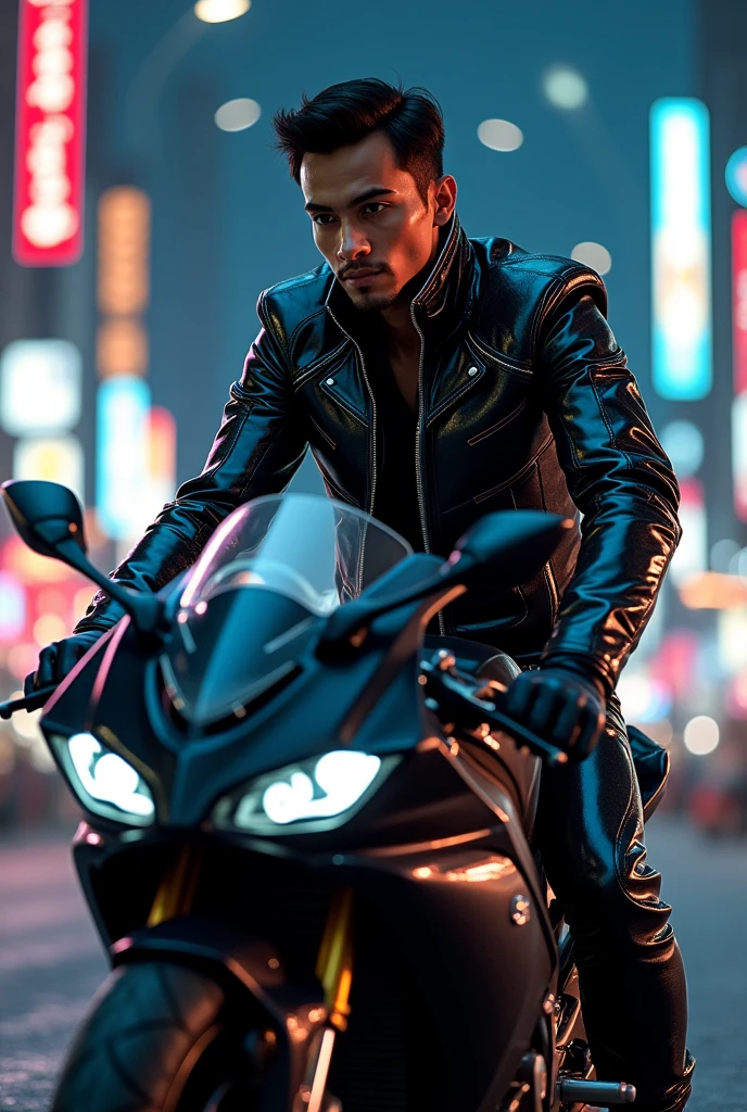 a handsome Indonesian man, wearing a shiny black metallic plastic moon jacket,black metallic plastic trousers with blue accent lines, leather gloves, shoe,sitting on a sports bike in the city area at night