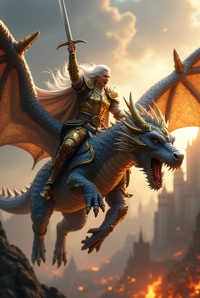 Image of a male paladin with long white hair flying on top of a white celestial dragon .the paladin has to be shouting and pointing the sword forward.with a burning castle in the background.the dragon must have gold and blue armor, very muscular dragon and flying in attack mode