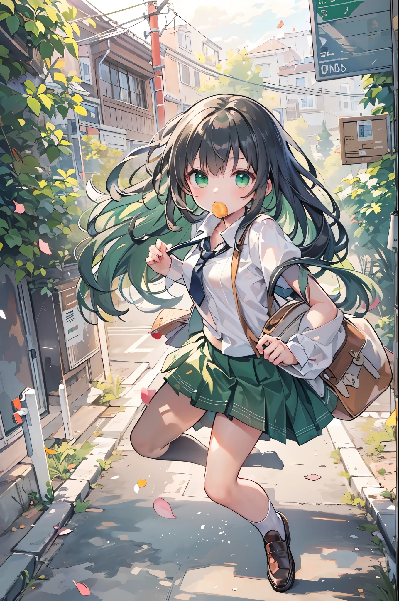 ((Highest quality, 8k, masterpiece: 1.3)), whole body,1 personの,1 person,,Glamorous Body,cute,Grim expression,Black Hair,Beautiful emerald green eyes,Long Hair,Put a loaf of bread in your mouth,Sprinting,Run,Landscape,((White short-sleeved blouse,tie)),((Green pleated mini skirt,loafers)),School zone,Carry a school bag,
