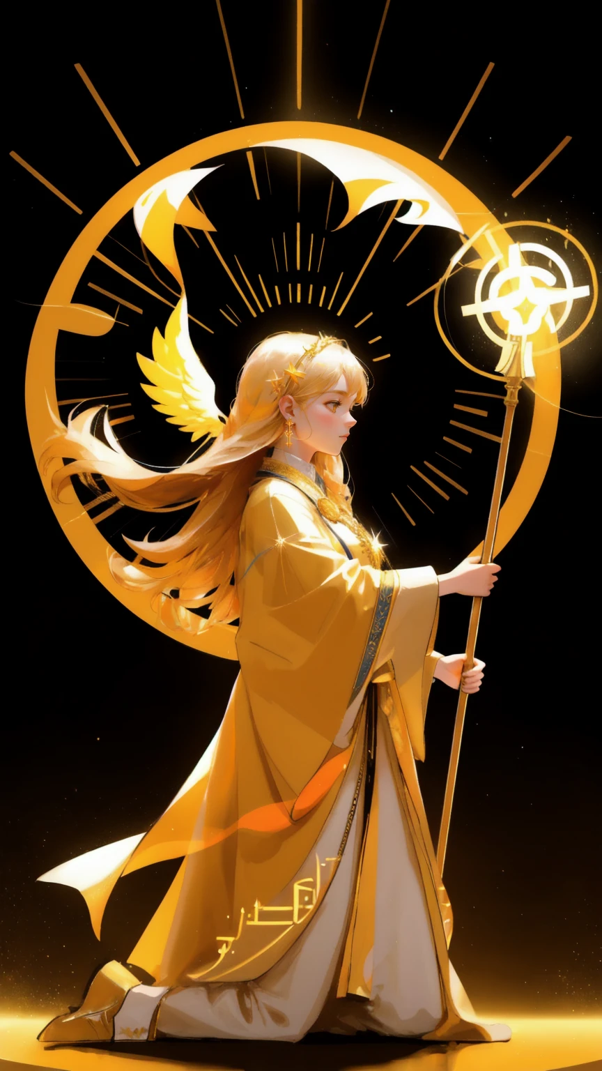A stunning female leader, known as the "HODL Faith Healer," is at the center of a celestial ceremony. Dressed in flowing golden robes, she raises a glowing staff with a Bitcoin emblem, radiating light that reaches the highest arches of a magnificent temple. Around her, a devoted congregation of followers kneels in awe, bathed in the warm yellow light that fills the entire scene. Golden particles float in the air, and crypto symbols shimmer around her, creating an aura of divine protection and unwavering faith in the crypto world. The yellow background adds a mystical, sacred ambiance to the gathering, emphasizing unity and spiritual awakening.