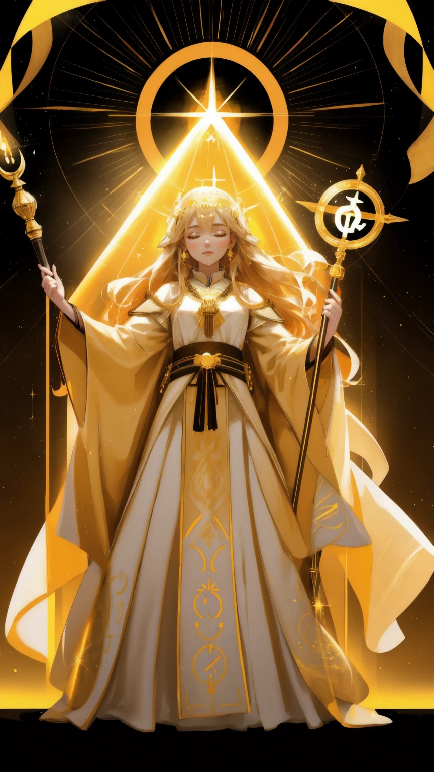 A stunning female leader, known as the "HODL Faith Healer," is at the center of a celestial ceremony. Dressed in flowing golden robes, she raises a glowing staff with a Bitcoin emblem, radiating light that reaches the highest arches of a magnificent temple. Around her, a devoted congregation of followers kneels in awe, bathed in the warm yellow light that fills the entire scene. Golden particles float in the air, and crypto symbols shimmer around her, creating an aura of divine protection and unwavering faith in the crypto world. The yellow background adds a mystical, sacred ambiance to the gathering, emphasizing unity and spiritual awakening.