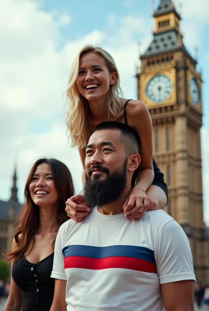 Chinese man with buzzcut and Viking beard looking away from camera wearing white t-shirt with red blue horizontal stripe.  A Scandinavian blonde 1 sitting on his shoulders laughing. A brown haired woman smiling at him seductively. Big Ben in background. 