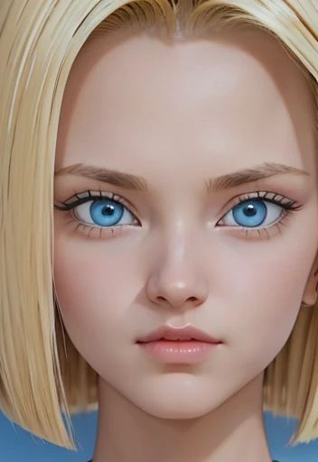 masterpiece, Close-up of Android 18, blonde with big blue eyes smooth skin detailed face perfectly eyeliner voluminous lips upturned nose extraordinary beauty wallpaper fanart hyperrealistic high resolution 12k 