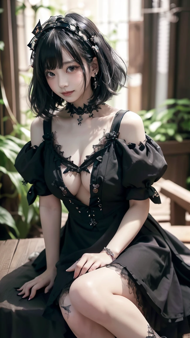 Surreal、A masterpiece of delicate and detailed line drawing、Highest quality、Highest quality、(One Woman、、(Big Breasts:1.3), (Big Ass:1.3)、(Black Hair、Hime cut, short hair:1.2)、(Natural Makeup、Eyelash extensions、Draw eyelashes sharply、Eyebrows are thin and short、Deep orange blush:1.1)、(Spaced out、Looks sleepy、Open your mouth、Slightly red cheeks:1.2)、(Simple black hair accessories、Gothic dress with exposed chest:1.3))、Dark Rose Gardens、Purple Rose、(Blur the background:1.3)、(Top view of the subject:1.1)、Above the knee shot