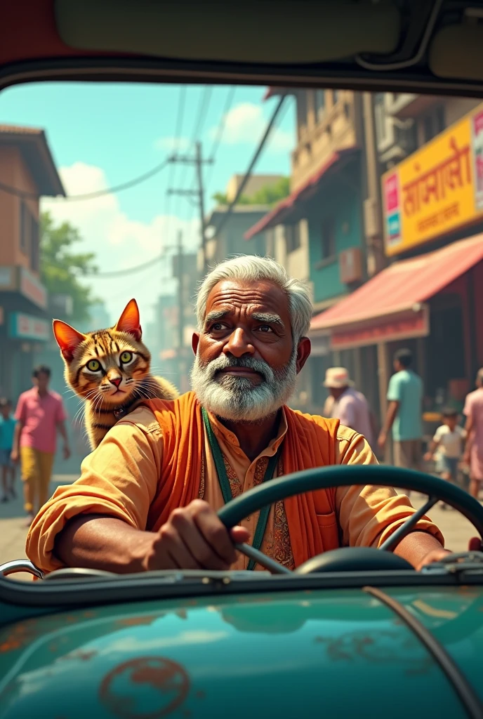Indian man drive a car with cat