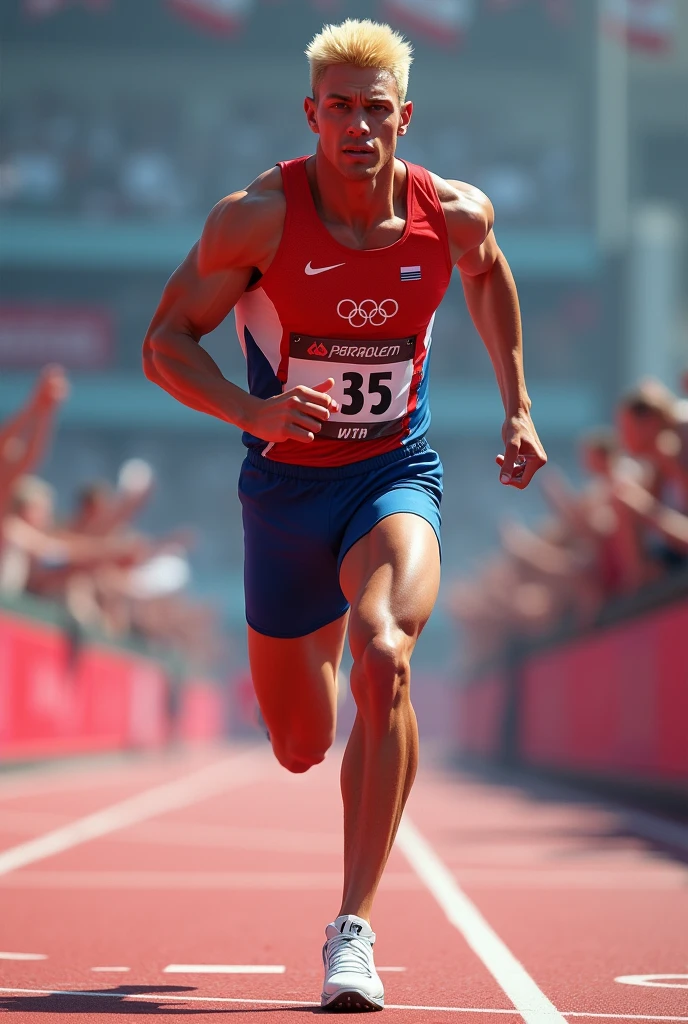 Generate the image of a Paralympic runner,1,70 tall 53kg and blond Male