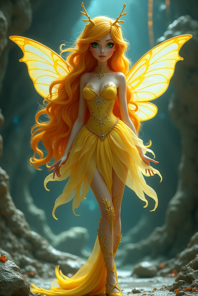 Realistic model as a fairy magical like in a 1980s dark fantasy movie 3d ultra 8k stella from *Winx Club* is a character with bright, fiery yellow hair that flows in loose waves. She has green eyes and a fair complexion. Her outfit typically includes a yellow and white fairy dress with sparkling accents and butterfly or star motifs. She often wears matching accessories like a headband and shoes. stella’s overall look is vibrant and magical, with a little gold crown in her head reflecting her powers as the Fairy of the sunlight Flame Surrealist art , like a dream, Mystery, Symbolic, complicated, detailded, (Gothic,Very beauthful:1.4), (work of art, best qualityer:1.4) , Style Nicolas Samori, Mermaid Goddess Costume, (rock n roll atmosphere under the sea), (hair blue), beautiful