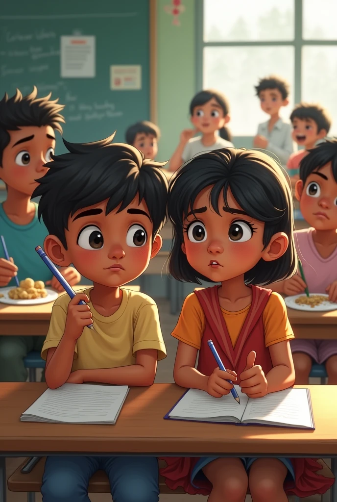 A Indian and brown darkest child sitting on his bench in his classroom with a pencil in his hand and he is around 12 to and a girl sitting on his right side with short hairs and a pen in his hand and he is around 12 to and some students sitting behind them some of them are eating lunch and some of them are studying seeing in their copying and crying and some boys around 20 to 2 are laughing on them