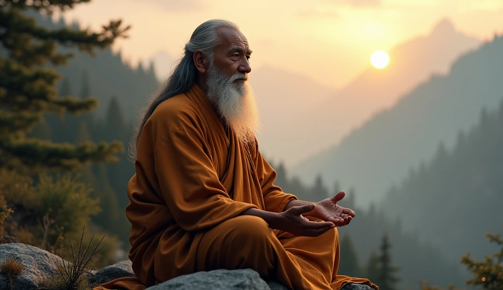 A peaceful and wise old guru meditating in a serene mountain landscape, wearing traditional robes, with a calm and thoughtful expression, 1 old man, detailed portrait, detailed face, detailed eyes, detailed fingers, mountains, forest, sunrise, warm lighting, mist, peaceful atmosphere, cinematic, dramatic lighting, highly detailed, photorealistic, 8k, masterpiece