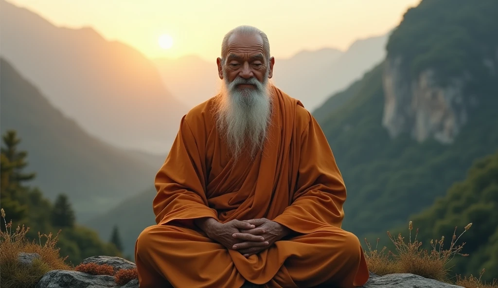 A peaceful and wise old guru meditating in a serene mountain landscape, wearing traditional robes, with a calm and thoughtful expression, 1 old man, detailed portrait, detailed face, detailed eyes, detailed fingers, mountains, forest, sunrise, warm lighting, mist, peaceful atmosphere, cinematic, dramatic lighting, highly detailed, photorealistic, 8k, masterpiece