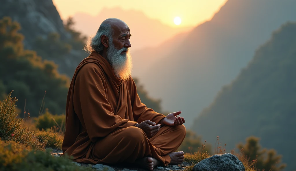 A peaceful and wise old guru meditating in a serene mountain landscape, wearing traditional robes, with a calm and thoughtful expression, 1 old man, detailed portrait, detailed face, detailed eyes, detailed fingers, mountains, forest, sunrise, warm lighting, mist, peaceful atmosphere, cinematic, dramatic lighting, highly detailed, photorealistic, 8k, masterpiece