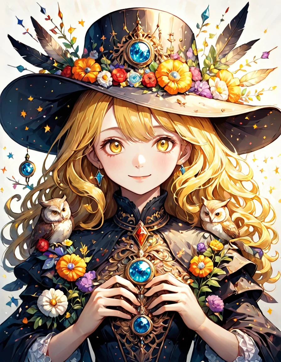 Highest quality、High resolution、(Beautiful face in every detail:1.4)、(Draw a picture to fit on the canvas:1.5)、Carefully draw your hands、Delicate hands、Elaborate hands、Anatomically correct、(Normal number of fingers:1.2)、(Highly detailed face)、Detailed eyes、大people、20Age、Perfect body line、Stand in the center、so beautiful、 (((Blank Background:1.5, No background:1.5, Background white:1.5)))、1people、(Upper Body:2.0)、woman、(smile:1.5)、Halloween、witch、The hat is very small、(Yellow Hair:2.0)、(Long curly hair:2.0)、(witchの帽子:1.5)、(owl1羽:2.0)、(1羽のとても大きいowl:1.5)、(owl1Being with the feathers:1.5)、(owlはwomanの体の手か前腕にとまってる:1.5)、(The hat only has flowers on it:2.0)、There are lots of flowers on the hat、Unexposed clothing、(リアルなowl:1.5)、まるで写真のようなowl、Change the design of the clothes、(Victorian dress:1.5)、Robe、Do a different pose、Purple clothes、(There is a big jewel on the hat:2.0)、Remove extra fingers、胸元にowlが止まっている、owl消さないで、(Arms crossed:1.5)、Change the design of the jewel on the hat、