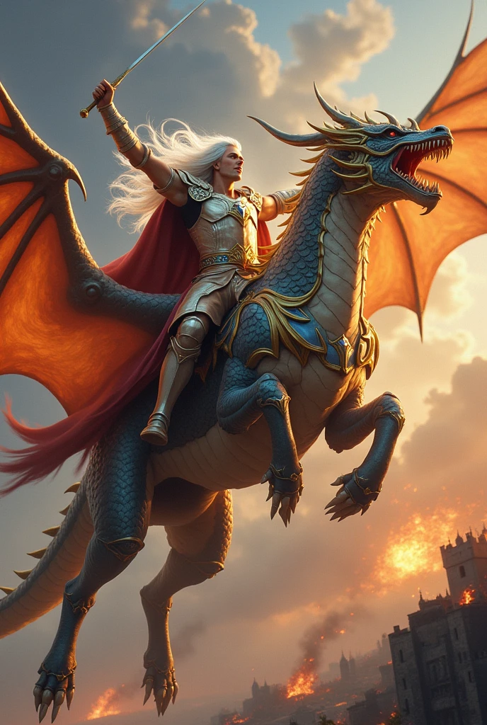 Image of a male paladin with long white hair flying on top of a white celestial dragon .the paladin has to be shouting and pointing the sword forward.with a burning castle in the background.the dragon must have gold and blue armor, very muscular dragon and flying in attack mode
