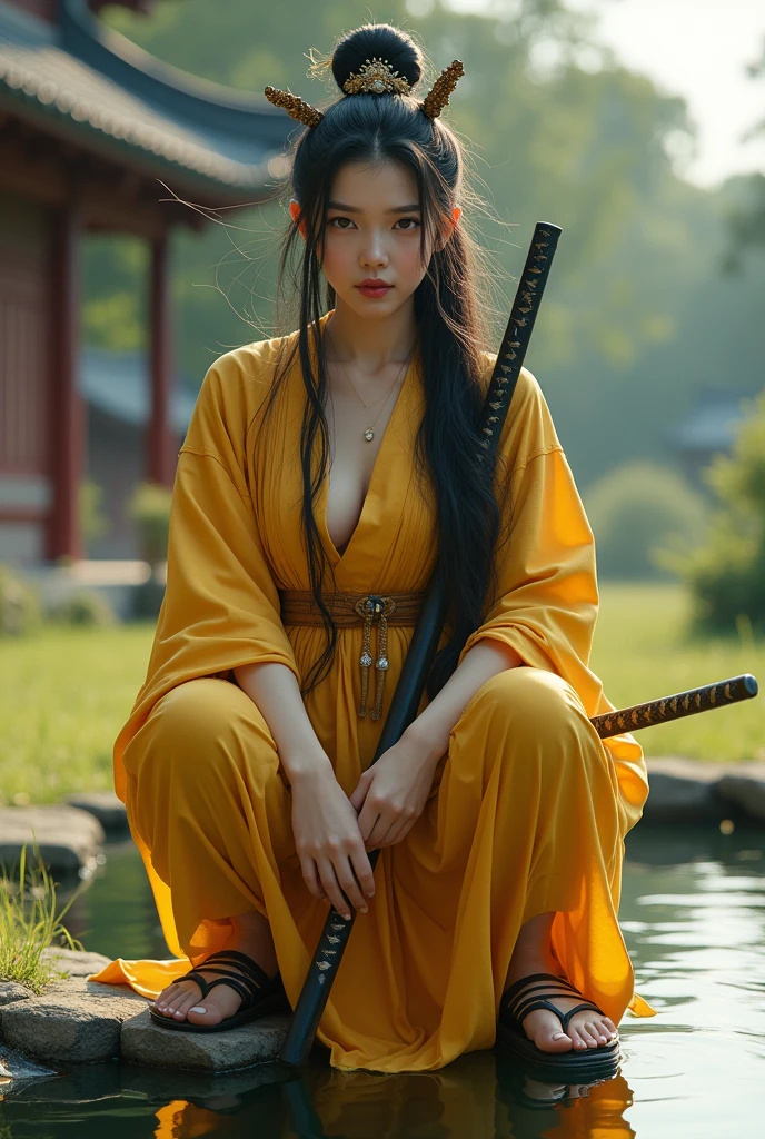 (Highly detailed bold face), (PureErosFace), (plump body shape), (very curvy), cleavage, plus,(photoshoot), pores, real skin, hair band, flying hair, (black hair), ancient headdress , hairpin, teasing, cynical look, affectionate eyes, shining eyes, beautiful scenery, jubah longgar kimono kuning, sepatu kayu jepang, memegang katana dengan anggun, squatting, shadows, backlight, soft natural volumetric cinematic perfect light, film grain, zskuijia, sword, Chinese architecture, grassland, trees, stands a very clear pool.