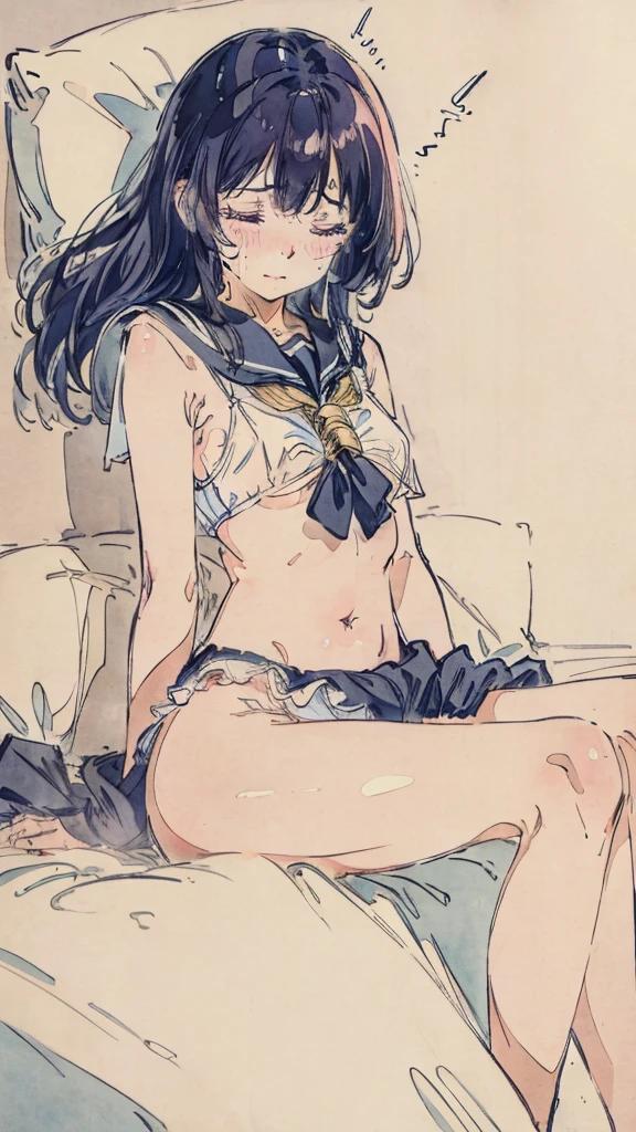 Highest quality, Great quality, 16K, Unbelievably absurd, Very detailed, delicate and dynamic, Create amazing image effects, Wet, sweating, bed, receive、Embarrassing、blush、Close ~ eyes、shout、tears、Saliva、(cute,Beauty, Sensual expression, Cool, strict, passion, dynamic,Sailor suit、underwear、pubic hair、tits、Spread your legs wide、Lying down)