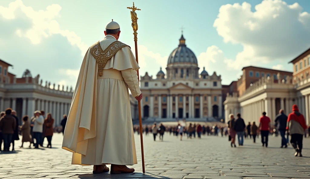 The camera is on the ground and the focal point of the image is the back view of Pope's wearing a laceless, brown, high-top leather boots, typical of field workers. The Pope wears a white tunic decorated with papal insignia, a cloak and a long golden papal scepter with a cross on the top next to him . The background is a panoramic view of St. Peter's Square in the Vatican, crowded with tourists. The scene captures the moment of religious significance and the historical and artistic richness of St. Peter's Square. Ultrarealistic Ultrarealistic photo, 16k, ultra high resolution, photorealistic, Ultra HD.