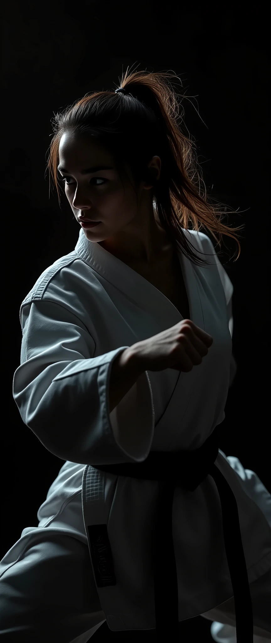 (masterpiece:1.2,Exceptional Quality,mirror-like,Cinematic Experience,Photorealistic,Photorealistic,RAW Photos),8k,wallpaper,(Cool woman:2.0),(Japanese;2.0),(The silhouette of a female karateka emerges from the darkness:2.0),(dynamic:2.0),(Karate pose:2.0),(Straight punch:2.0),(Black background:2.0),(Beautiful Face),(Beautiful Hair),(Beautiful female hands),(Detailed face),(Detailed Hand 2.0),(White karate uniform,Black belt),(dynamic:2.0),(Upper body close-up:2.0),(front:2.0),(Serious:2.0),(Look this way:2.0),(ponytail),(Hair blowing in the wind),(Sharp focus)