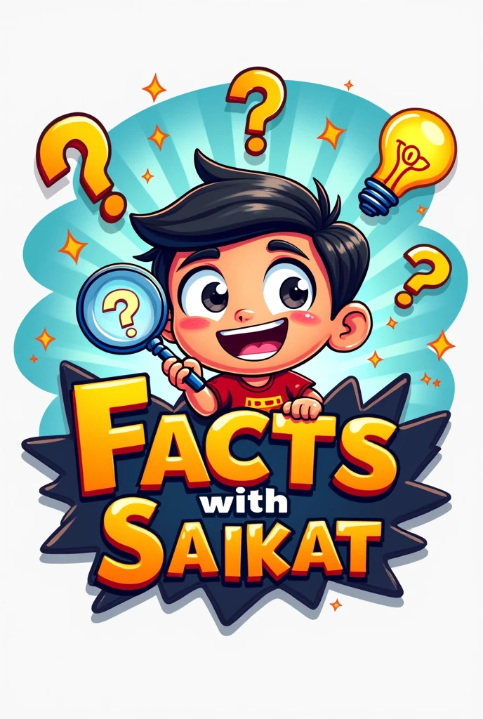 Sure, here’s a more creative version of the prompt:
"Design an eye-catching and whimsical logo for the YouTube channel 'Facts with Saikat.' Feature a lively cartoon character representing Saikat with an animated, curious expression. The character could be holding an oversized magnifying glass or a speech bubble bursting with amusing facts. Surround the character with playful elements like floating question marks, glowing lightbulbs, and animated exclamation points. Use a vibrant color palette and incorporate dynamic shapes to give the logo an energetic and fun vibe. Ensure the channel name 'Facts with Saikat' stands out in a bold, quirky font that matches the lively theme."
