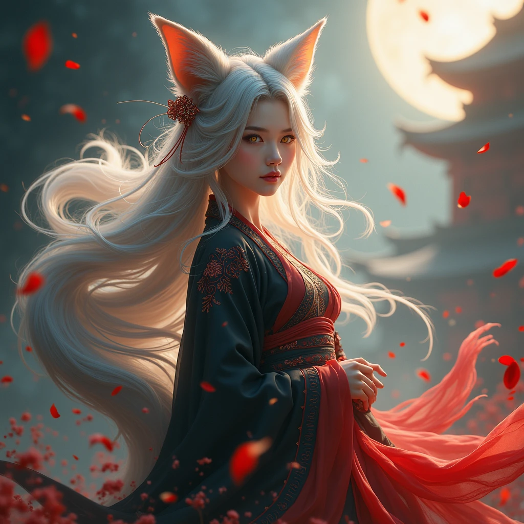 (Divine Beast), Nine-Tailed Fox, Dynamic Body Type, (Chinese Monster), good looking, splashed Ink, Chinese, One girl, ((whole body), ((2.5D)), Floating Hair, Beautiful Eyes, Delicate eyes, Delicate Silhouette, Fantasy art, (Antique black and red brocade hanfu), Fob, (masterpiece), Front shot, profile, White Background, (Movie Posters), sharp, splash, cloud, petal, nullの, null, (Wide-angle lens), Overlooking、Portraiture, Long Hair, Gray Hair, Golden Eyes, One girl, head, face, Magical girl, absurdes, masterpiece, Highest quality, Magical girl costume, ((Magical girl)), short hair, Devastation, Remains, Dynamic pose, Apocalypse, Spell casting, Style-Glass, Full Body Shot、masterpiece, Highest quality, One girl, Giant Tall horns, loungewear, Long Red hair, Red Eyes, Long hair, : Sunburn, tw0-tone background, fantasy of terror
