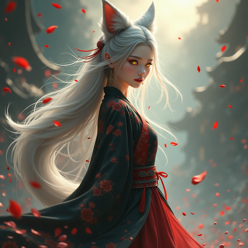 (Divine Beast), Nine-Tailed Fox, Dynamic Body Type, (Chinese Monster), good looking, splashed Ink, Chinese, One girl, ((whole body), ((2.5D)), Floating Hair, Beautiful Eyes, Delicate eyes, Delicate Silhouette, Fantasy art, (Antique black and red brocade hanfu), Fob, (masterpiece), Front shot, profile, White Background, (Movie Posters), sharp, splash, cloud, petal, nullの, null, (Wide-angle lens), Overlooking、Portraiture, Long Hair, Gray Hair, Golden Eyes, One girl, head, face, Magical girl, absurdes, masterpiece, Highest quality, Magical girl costume, ((Magical girl)), short hair, Devastation, Remains, Dynamic pose, Apocalypse, Spell casting, Style-Glass, Full Body Shot、masterpiece, Highest quality, One girl, Giant Tall horns, loungewear, Long Red hair, Red Eyes, Long hair, : Sunburn, tw0-tone background, fantasy of terror