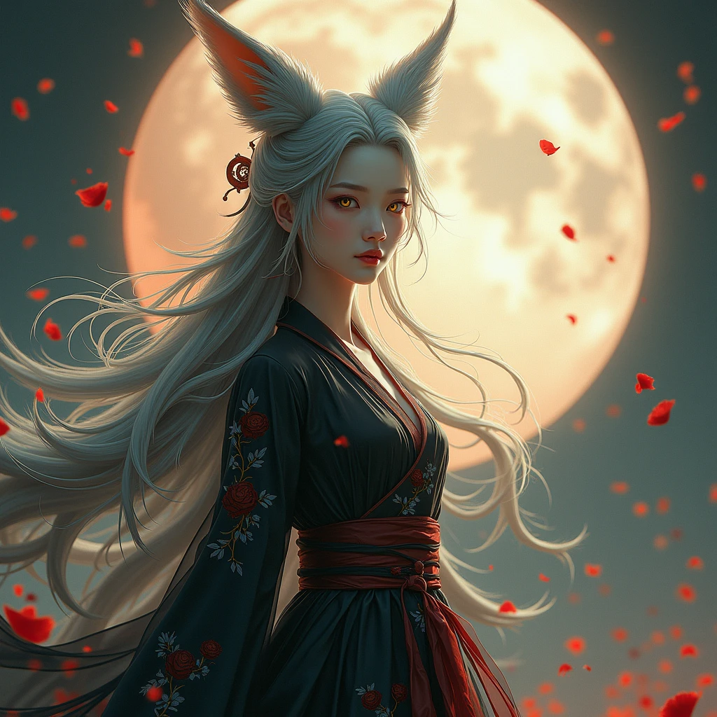 (Divine Beast), Nine-Tailed Fox, Dynamic Body Type, (Chinese Monster), good looking, splashed Ink, Chinese, One girl, ((whole body), ((2.5D)), Floating Hair, Beautiful Eyes, Delicate eyes, Delicate Silhouette, Fantasy art, (Antique black and red brocade hanfu), Fob, (masterpiece), Front shot, profile, White Background, (Movie Posters), sharp, splash, cloud, petal, nullの, null, (Wide-angle lens), Overlooking、Portraiture, Long Hair, Gray Hair, Golden Eyes, One girl, head, face, Magical girl, absurdes, masterpiece, Highest quality, Magical girl costume, ((Magical girl)), short hair, Devastation, Remains, Dynamic pose, Apocalypse, Spell casting, Style-Glass, Full Body Shot、masterpiece, Highest quality, One girl, Giant Tall horns, loungewear, Long Red hair, Red Eyes, Long hair, : Sunburn, tw0-tone background, fantasy of terror