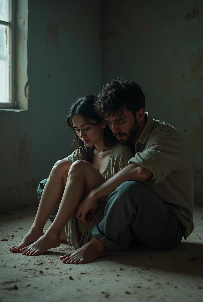 man and woman sitting on the floor and are crying for not having enough food