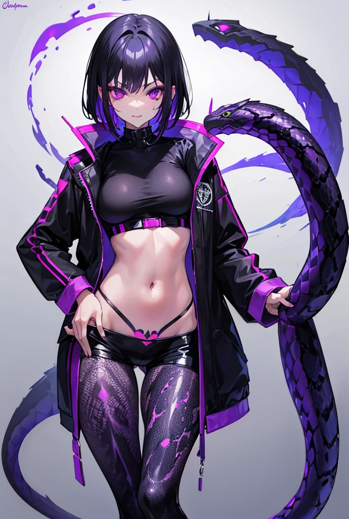 Tanned sexy woman Black hair purple eyes Cobra Tattoo Long tongue like a snake,Belly-baring jacket,Shortcuts, Gradient color hairstyle, Textured skin, Highest quality,
