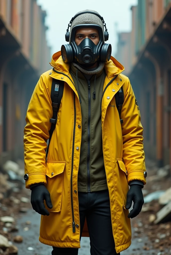 A man in a yellow coat with air respirator equipment
