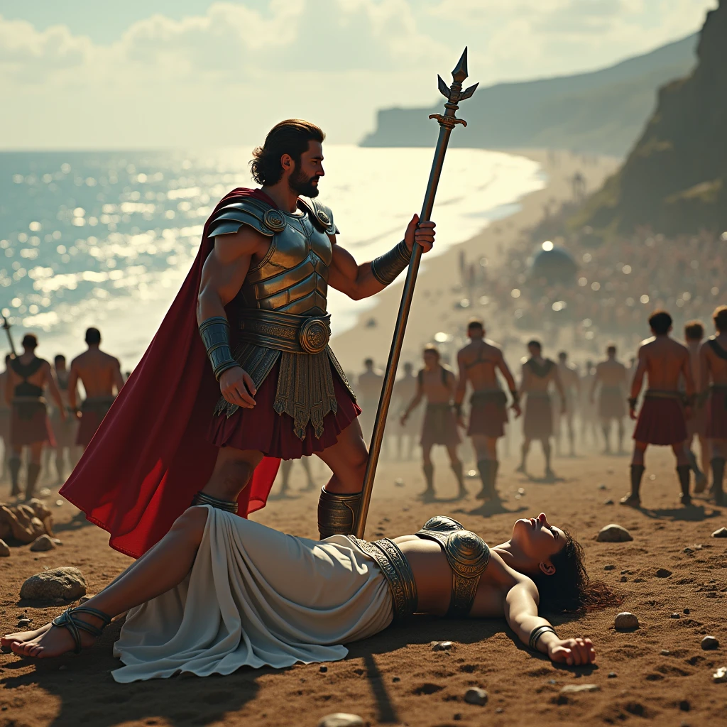 Hercules fighting the Amazons, dressed in battle gear, Ancient Greece, on a battlefield near the sea, taking the belt from Queen Hippolyta after a fierce battle, the aftermath of the fight visible in the background, wide shot, hyper-realistic, photo realism, cinematography --ar 1:1