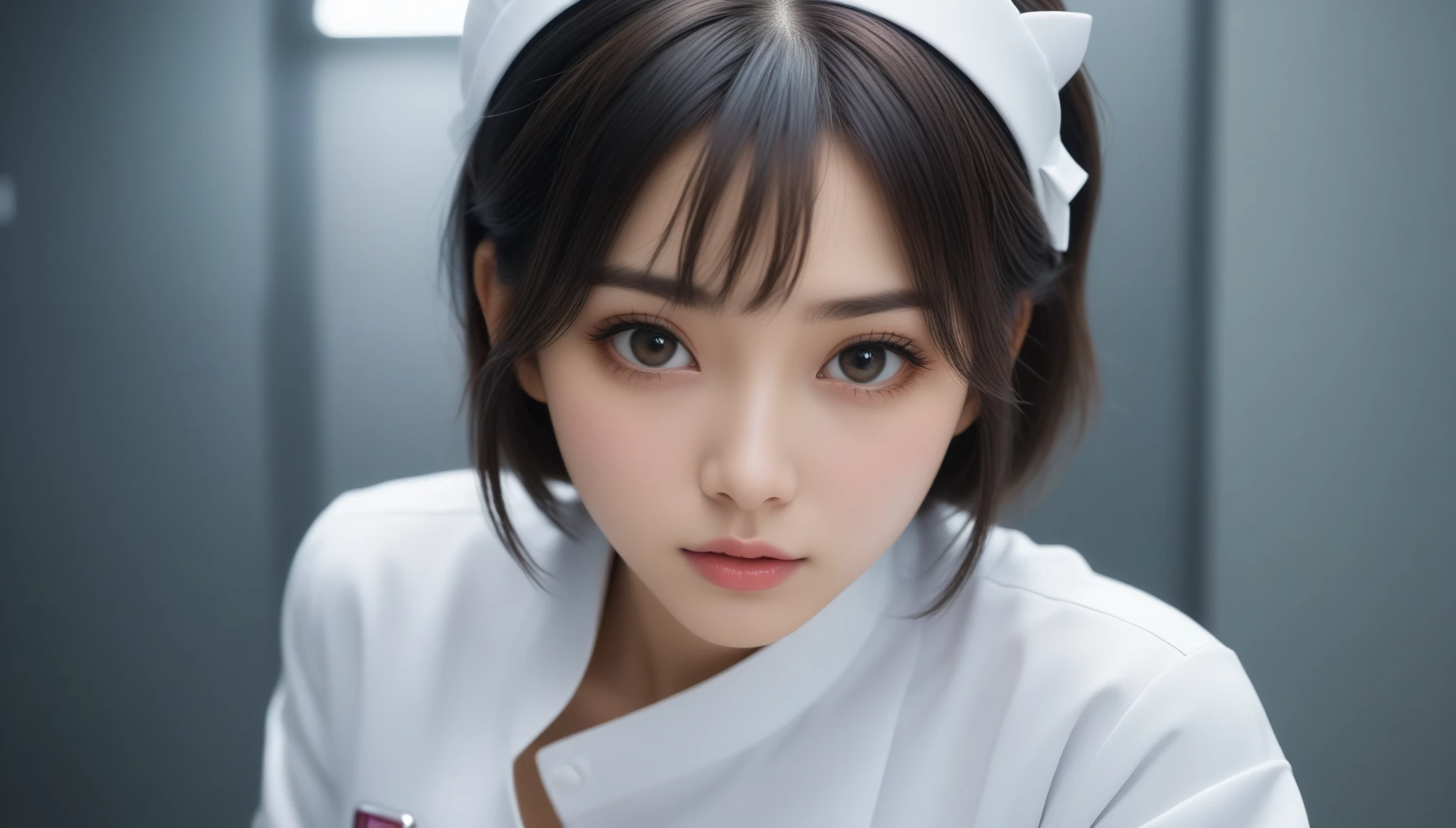 8k, Ultra-high resolution, Highest quality, masterpiece, 三分割法によるphotograph,Surreal, photograph, 1 , (:1.3), cute, cute顔, 細部までBeautiful Eyes, 細かくdetailedに,masterpiece,One Girl:1.2,Japanese women,nurse,upper body,glaring,Black short hair,half updo,ID photo,(Futuristic nurse uniform:1.3),cyber punk,Medical Treatment Room,white collar,(Beautiful attention to detail),Subtle details, detailedな顔,anger,Attractive eyes,(ポートレートphotograph:1.4),(Photorealistic images:1.4),Fantasy art,(Beautiful Face:1.4),美しくAttractive eyes、Beautiful Eyes,Silver residue,(Tight waist:1.4)、(Beautiful with perfect body proportions:1.4),Pink Lips,profile,(((Ideal body type))),A-cup small breasts :2,、Portraiture:2、Perfect Anatomy、鮮明なdetailed、detailed,Fashion magazine cover,Thin lips,完璧でBeautiful Face ,完璧でcute顔, Skin with attention to detail, Perfect limbs、Narrow waist,Surreal,Light and shadow,spotlight