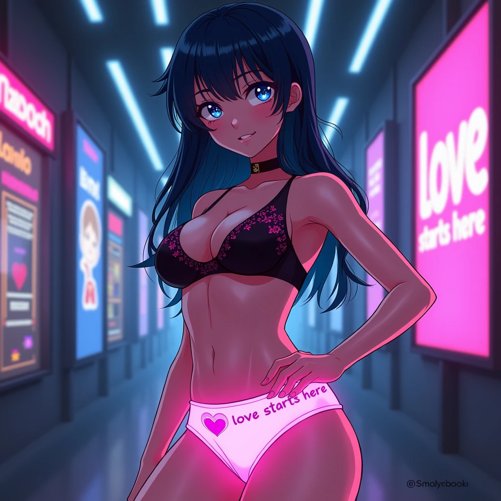 anime Illustration of a female dancer, futuristic neon, navy blue eyes and hair, posing, wearing black bra with pink strokes and patterns, fully glowing pink underpants, putting one hand on hip, smooth, flirty heart symbol on lower part of underpants, boots, no embroidery. text inside heart on underpants that says "love starts here", relaxed face, focus on hips, somewhat shaded upper body.