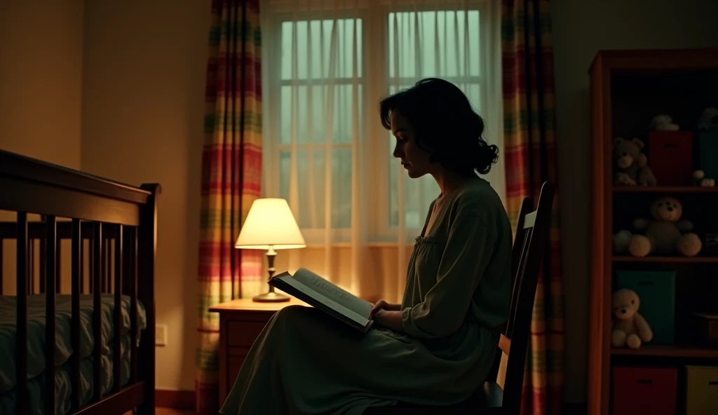 Cinematic, A dimly lit bedroom scene captured in a late evening ambiance. The central focus is on a woman sitting on a wooden chair, side profile view, a story book on her lap, dressed in a long, flowing nightgown, partially illuminated by a soft, warm glow from a nearby table lamp placed on a nightstand. The light casts shadows that play against the room's details. On the left side of the scene, a baby crib is visible, holding a small stuffed animal, suggesting a child's presence. The background features a plaid-patterned curtain in shades of green, red, and beige behind the woman, adding a homely atmosphere. To the right, a bookshelf with various colored compartments is partially visible, adding a splash of color to the muted tones of the room. The overall mood is quiet and introspective, with a subtle hint of mystery
