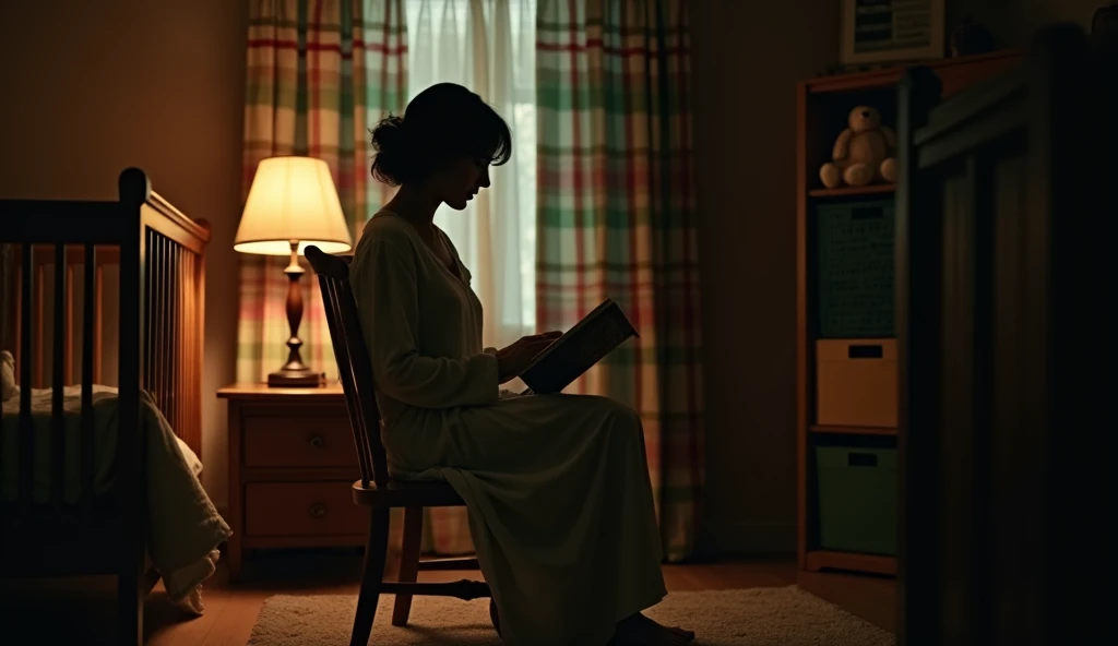 Cinematic, A dimly lit bedroom scene captured in a late evening ambiance. The central focus is on a woman sitting on a wooden chair, side profile view, a story book on her lap, dressed in a long, flowing nightgown, partially illuminated by a soft, warm glow from a nearby table lamp placed on a nightstand. The light casts shadows that play against the room's details. On the left side of the scene, a baby crib is visible, holding a small stuffed animal, suggesting a child's presence. The background features a plaid-patterned curtain in shades of green, red, and beige behind the woman, adding a homely atmosphere. To the right, a bookshelf with various colored compartments is partially visible, adding a splash of color to the muted tones of the room. The overall mood is quiet and introspective, with a subtle hint of mystery