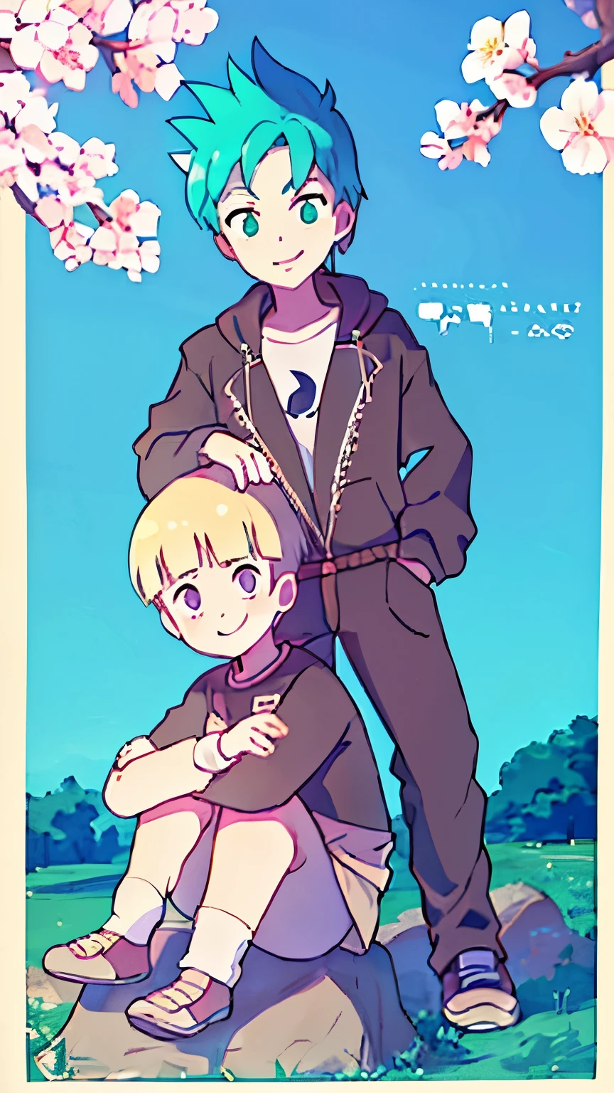 Boy sitting on a rock next to his older brother, background is green land, trees, cherry blossoms and clear sky, beautiful and refreshing colors, high resolution, simple illustration