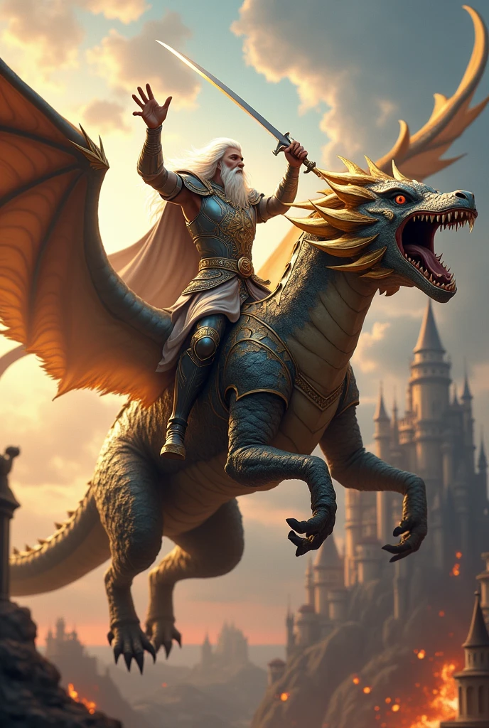 Image of a male paladin with long white hair flying on top of a white celestial dragon .the paladin has to be shouting and pointing the sword forward.with a burning castle in the background.the dragon must have gold and blue armor, very muscular dragon and flying in attack mode 