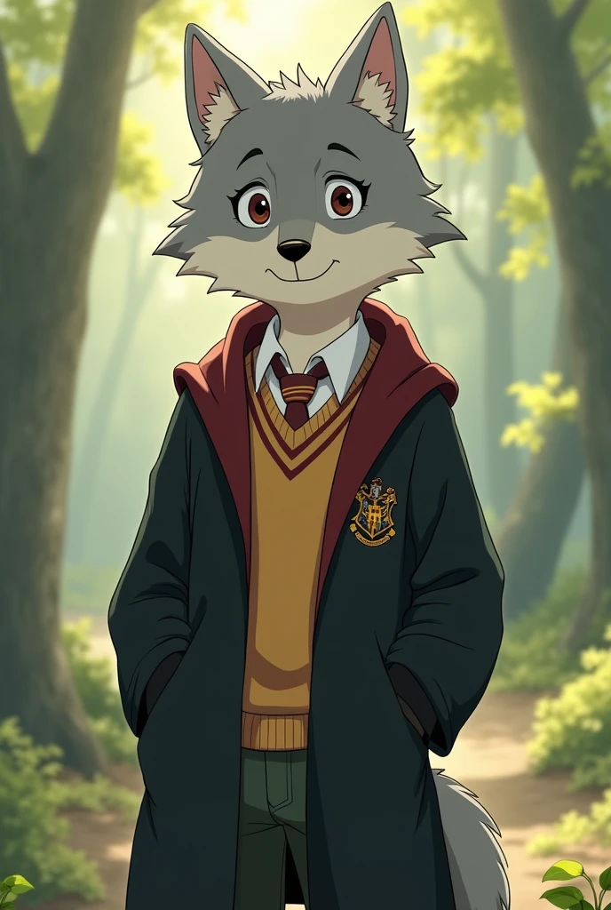estilo gibli, anime, a humanized young male gray wolf, at the age of 17, full body looking very friendly and shy and wearing the Harry Potter uniform