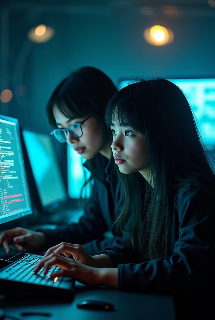 Hacker boy next to a woman