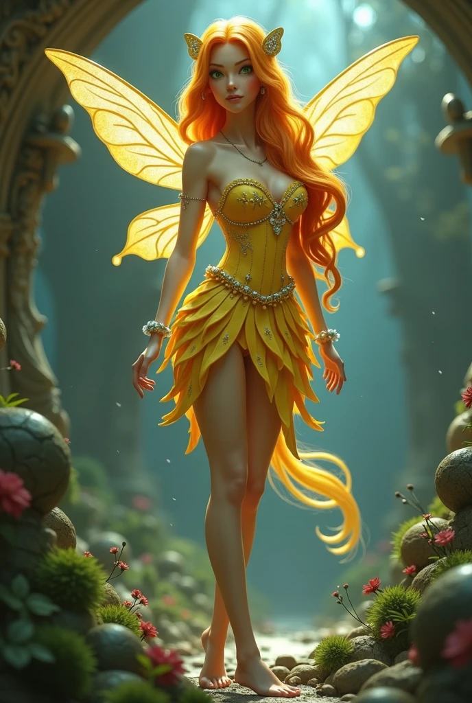 Realistic model as a fairy magical like in a 1980s dark fantasy movie 3d ultra 8k stella from *Winx Club* is a character with bright, fiery yellow hair that flows in loose waves. She has green eyes and a fair complexion. Her outfit typically includes a yellow and white fairy dress with sparkling accents and butterfly or star motifs. She often wears matching accessories like a headband and shoes. stella’s overall look is vibrant and magical, with a little gold crown in her head reflecting her powers as the Fairy of the sunlight Flame Surrealist art , like a dream, Mystery, Symbolic, complicated, detailded, (Gothic,Very beauthful:1.4), (work of art, best qualityer:1.4) , Style Nicolas Samori, Mermaid Goddess Costume, (rock n roll atmosphere under the sea), (hair blue), beautiful