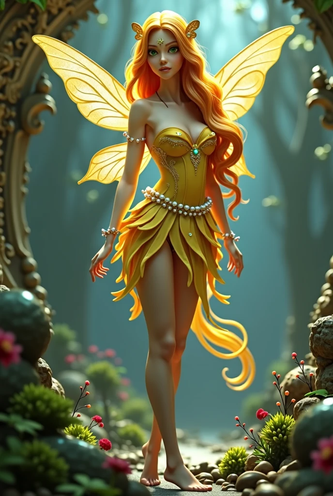 Realistic model as a fairy magical like in a 1980s dark fantasy movie 3d ultra 8k stella from *Winx Club* is a character with bright, fiery yellow hair that flows in loose waves. She has green eyes and a fair complexion. Her outfit typically includes a yellow and white fairy dress with sparkling accents and butterfly or star motifs. She often wears matching accessories like a headband and shoes. stella’s overall look is vibrant and magical, with a little gold crown in her head reflecting her powers as the Fairy of the sunlight Flame Surrealist art , like a dream, Mystery, Symbolic, complicated, detailded, (Gothic，Very beauthful:1.4), (work of art, best qualityer:1.4) , Style Nicolas Samori, Mermaid Goddess Costume, (rock n roll atmosphere under the sea), (hair blue), beautiful