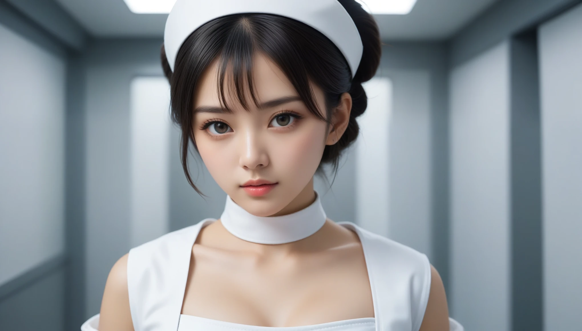 8k, Ultra-high resolution, Highest quality, masterpiece, 三分割法によるphotograph,Surreal, photograph, 1 , (:1.3), cute, cute顔, 細部までBeautiful Eyes, 細かくdetailedに,masterpiece,One Girl:1.2,Japanese women,nurse,upper body,glaring,Black short hair,half updo,ID photo,(Futuristic nurse uniform:1.3),cyber punk,Medical Treatment Room,white collar,(Beautiful attention to detail),Subtle details, detailedな顔,anger,Attractive eyes,(ポートレートphotograph:1.4),(Photorealistic images:1.4),Fantasy art,(Beautiful Face:1.4),美しくAttractive eyes、Beautiful Eyes,Silver residue,(Tight waist:1.4)、(Beautiful with perfect body proportions:1.4),Pink Lips,profile,(((Ideal body type))),A-cup small breasts :2,、Portraiture:2、Perfect Anatomy、鮮明なdetailed、detailed,Fashion magazine cover,Thin lips,完璧でBeautiful Face ,完璧でcute顔, Skin with attention to detail, Perfect limbs、Narrow waist,Surreal,Light and shadow,spotlight