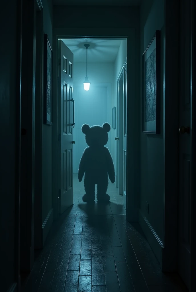 Description : La maison d'Élias en pleine nuit, avec des meubles qui semblent bouger tout seuls. Dans un couloir sombre, une porte se ferme violemment. Au bout du couloir, on aperçoit la silhouette floue de l'ours en peluche. Des rires fantomatiques semblent résonner autour, et des ombres inquiétantes dansent sur les murs.