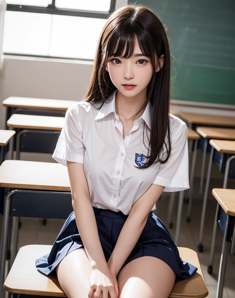 bright expression、photorealisim、top-quality、超A high resolution、a picture、Photos of the most beautiful Nordic girls、Detailed cute and beautiful face、a small face、(pureerosface_v1:0.008)、Beautiful bangs、alice in the wonderland、18year old、(thighs thighs thighs thighs:1.2)、full body Esbian、Glowing white shiny skin、Hair tangled in the face、Bangs that extend to the face、bangss、Hair between the eyes、Super long hair、Attractive brown super long straight silky hair、finer hair、Attractive glowing beautiful bright clear light blue big eyes、(School uniform, Short sleeve shirt:1.2)、eye liner、Sitting in a classroom、Double eyelids、ample breasts、Dynamic Pose