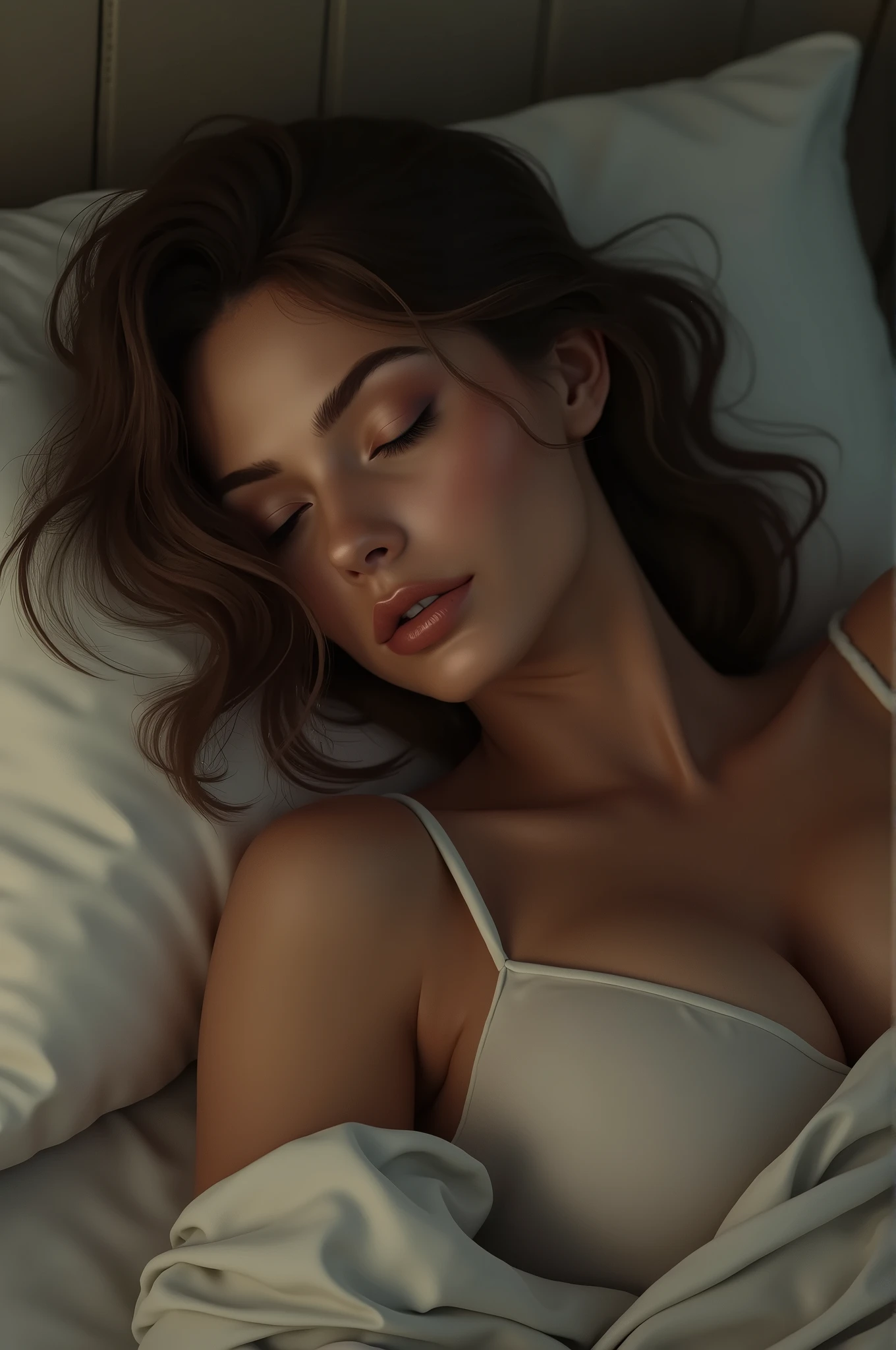 A beautiful sexy woman with big breasts, sleeping wearing a tanktop, exposing her hairy armpits